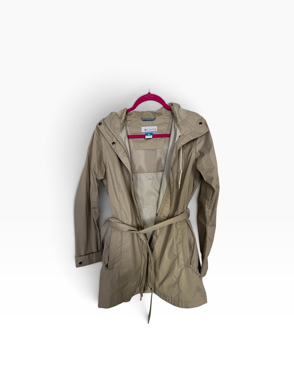 Columbia Beige Hooded Belted Trench Raincoat
